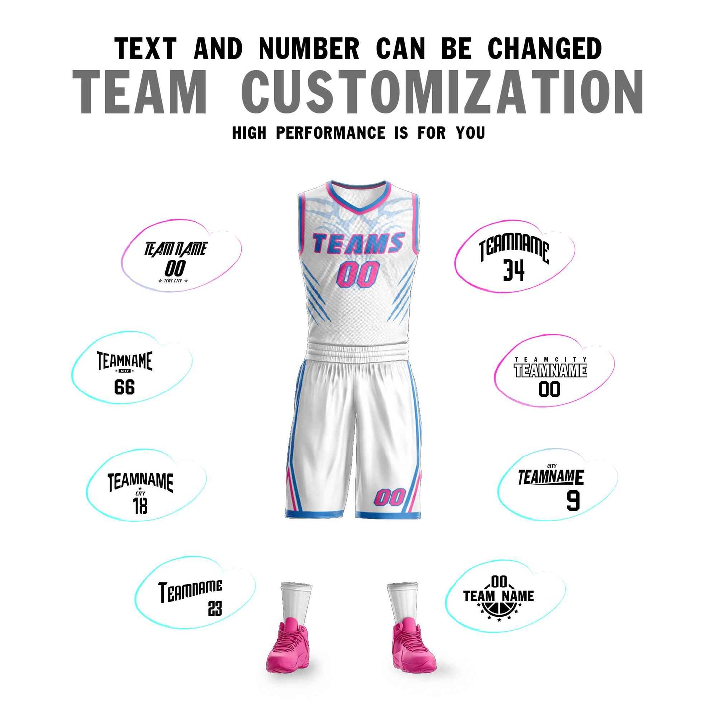 Custom White Powder Blue-Pink Graffiti Pattern Sets Claw Element Basketball Jersey