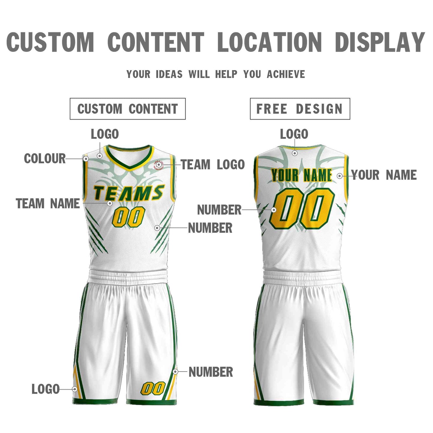 Custom White Kelly Green-Gold Graffiti Pattern Sets Claw Element Basketball Jersey