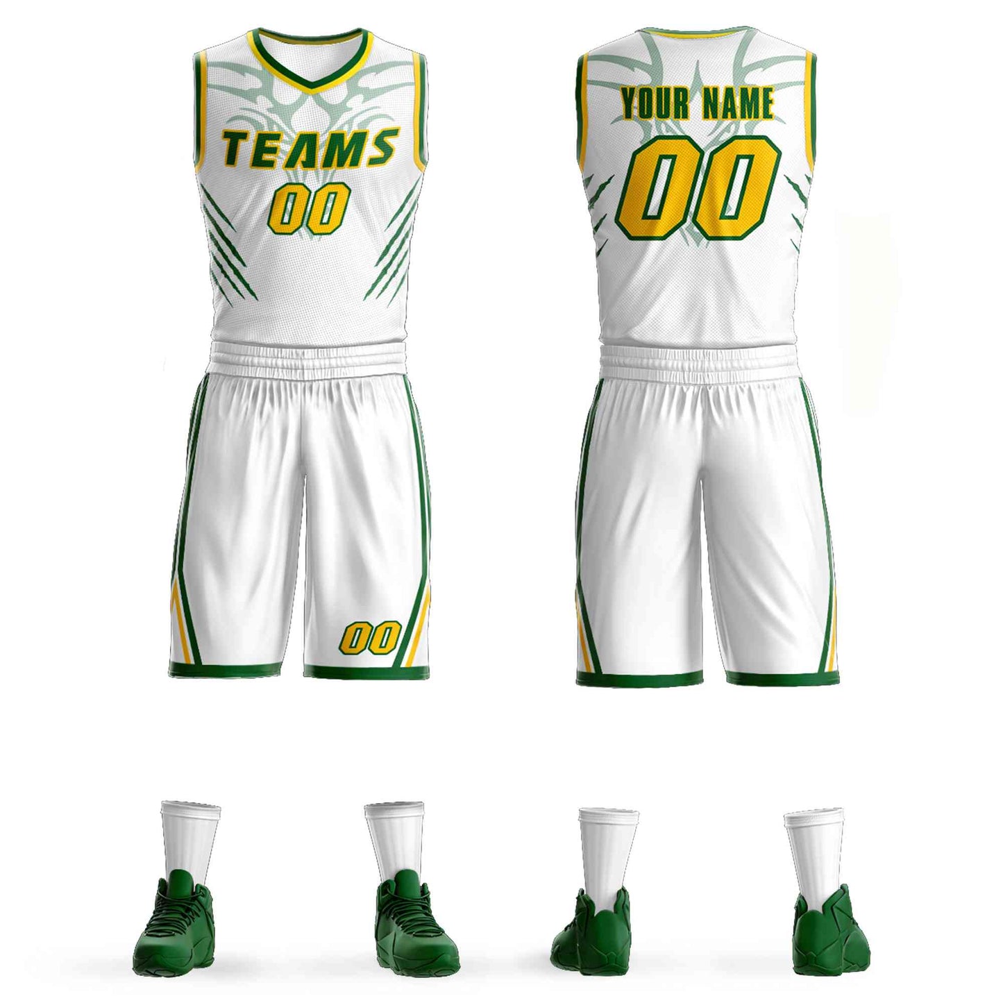 Custom White Kelly Green-Gold Graffiti Pattern Sets Claw Element Basketball Jersey