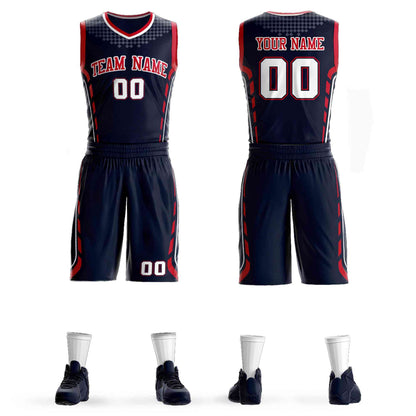 Custom Navy Red-White Graffiti Pattern Sets Oblique Bar Basketball Jersey