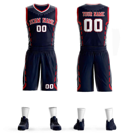 Custom Navy Red-White Graffiti Pattern Sets Oblique Bar Basketball Jersey