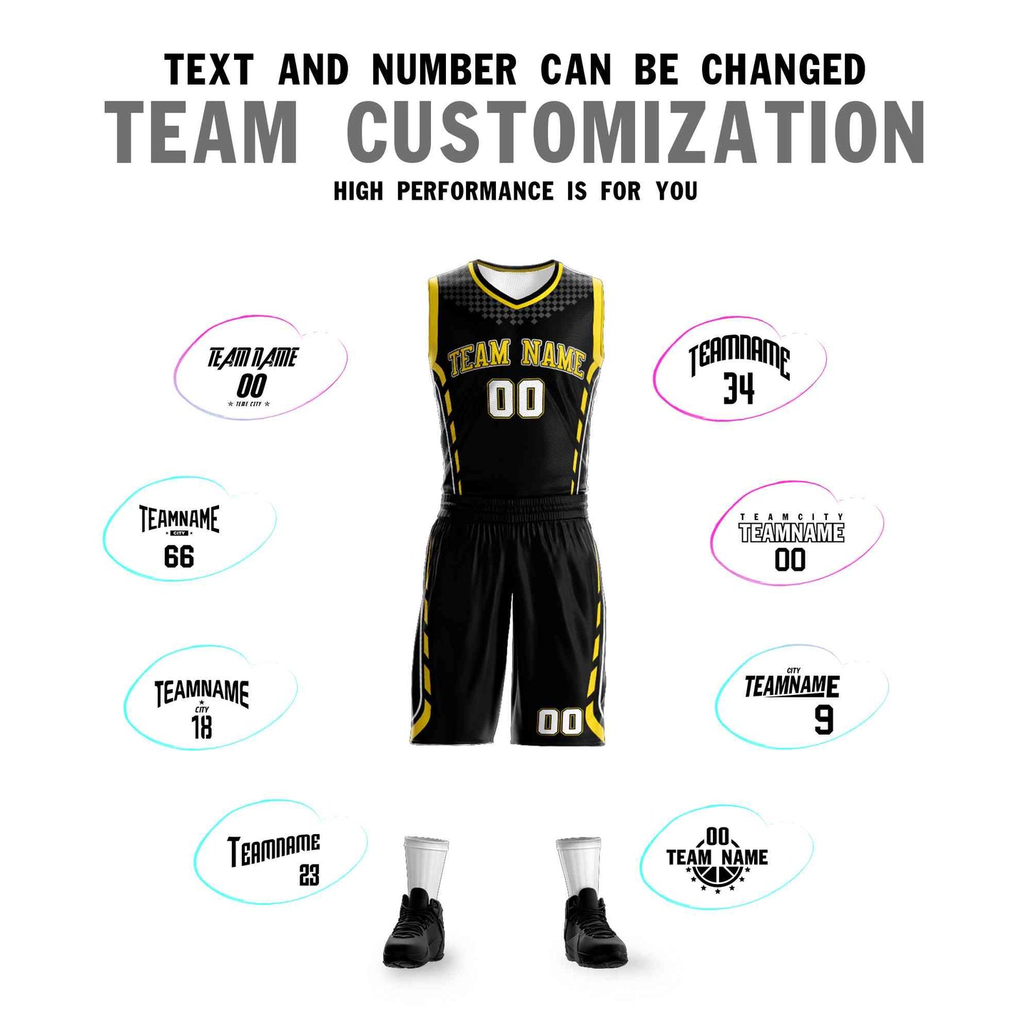 Custom Black Yellow-Black Graffiti Pattern Sets Oblique Bar Basketball Jersey