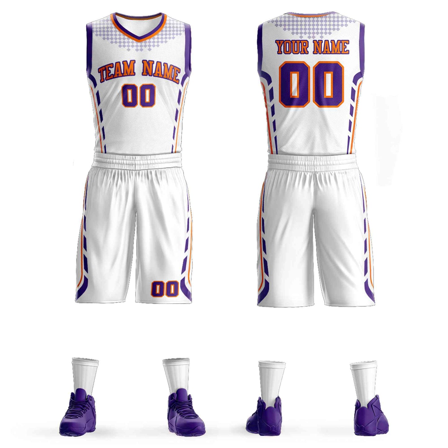 Custom White Orange-Purple Graffiti Pattern Sets Oblique Bar Basketball Jersey