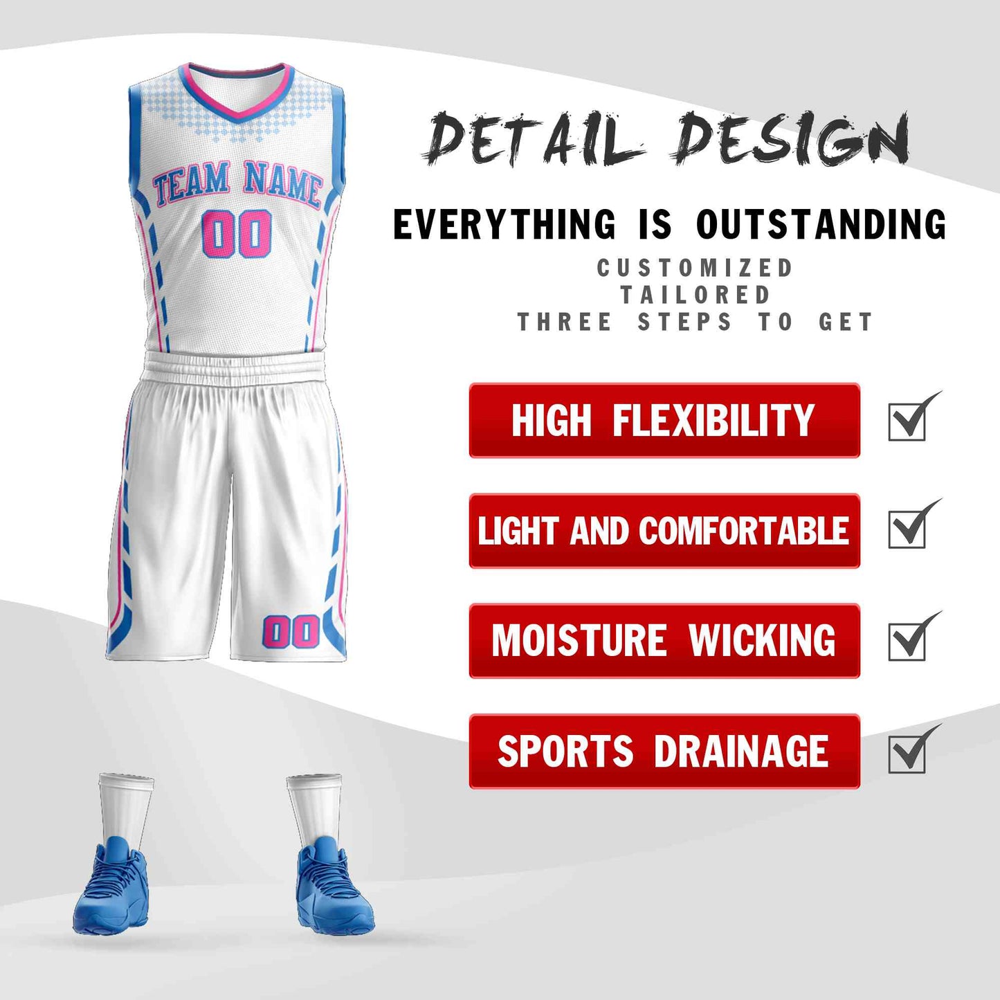 Custom White Powder Blue Graffiti Pattern Sets Oblique Bar Basketball Jersey