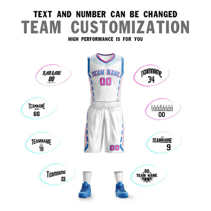 Custom White Powder Blue Graffiti Pattern Sets Oblique Bar Basketball Jersey