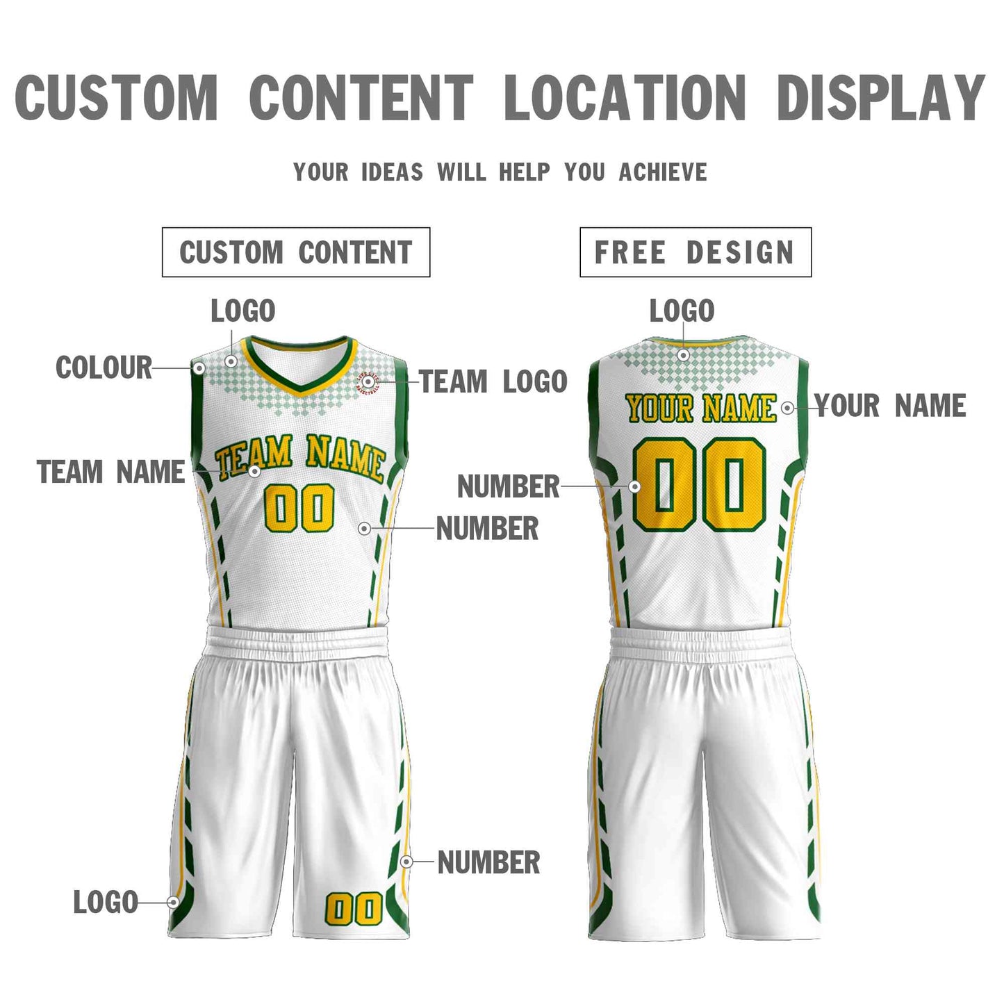 Custom White Gold-Green Graffiti Pattern Sets Oblique Bar Basketball Jersey