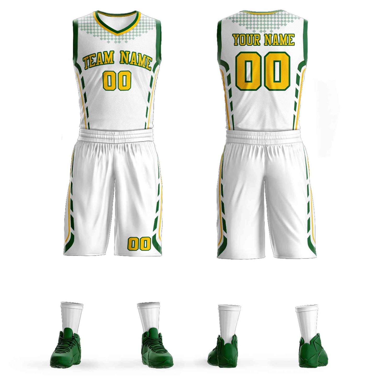 Custom White Gold-Green Graffiti Pattern Sets Oblique Bar Basketball Jersey