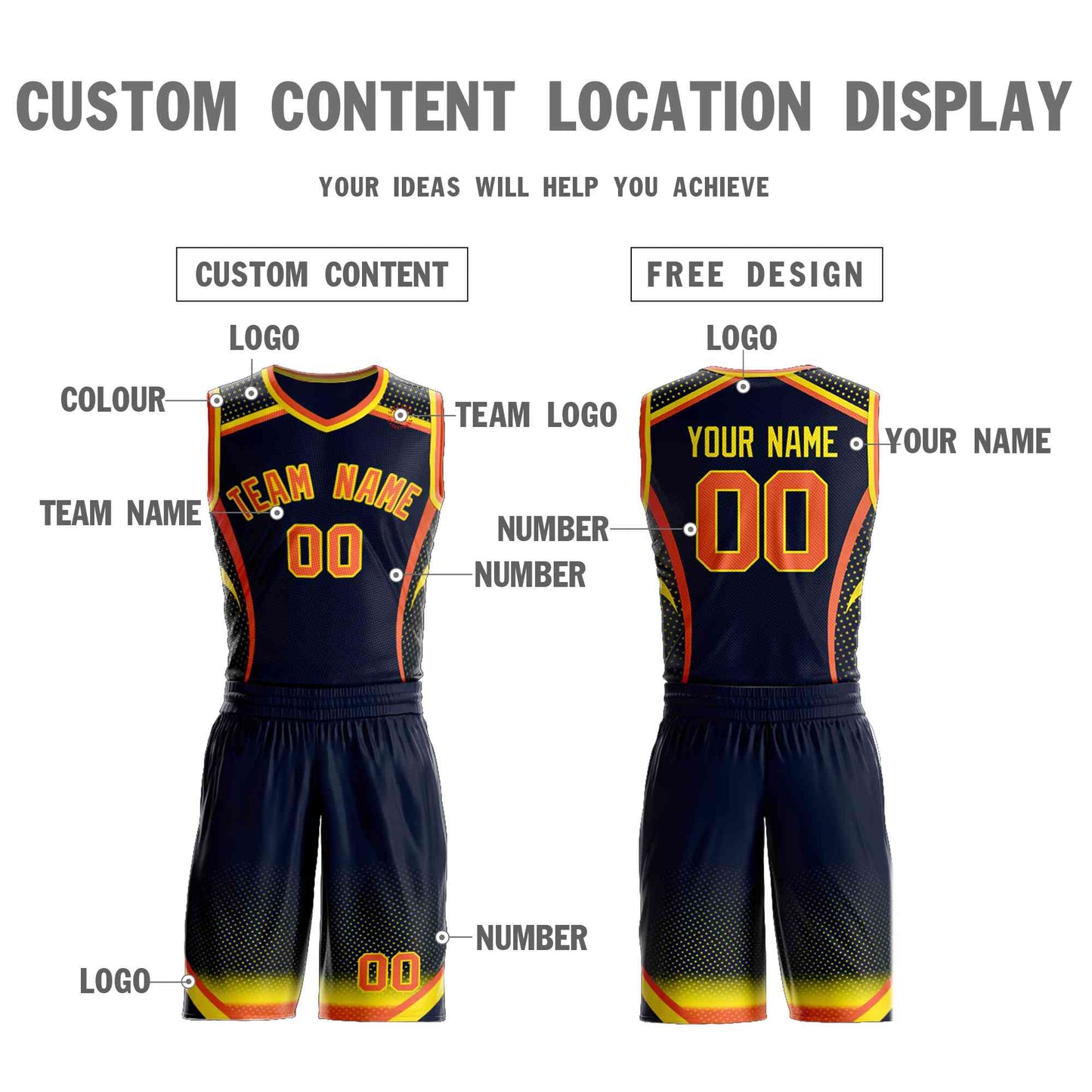 Custom Navy Orange-Gold Graffiti Pattern Sets Points Element Basketball Jersey