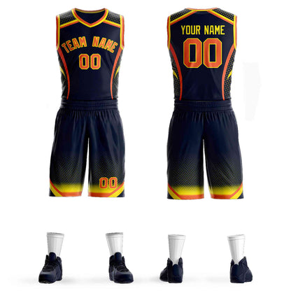 Custom Navy Orange-Gold Graffiti Pattern Sets Points Element Basketball Jersey