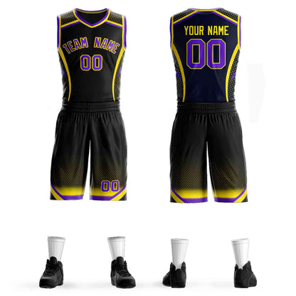 Custom Black Purple-Gold Graffiti Pattern Sets Points Element Basketball Jersey