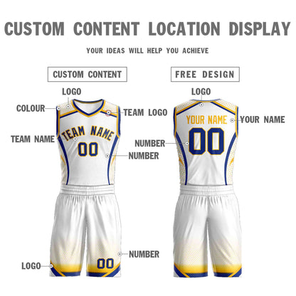 Custom White Royal-Gold Graffiti Pattern Sets Points Element Basketball Jersey