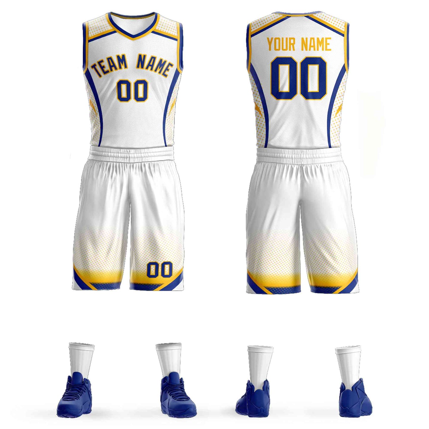 Custom White Royal-Gold Graffiti Pattern Sets Points Element Basketball Jersey