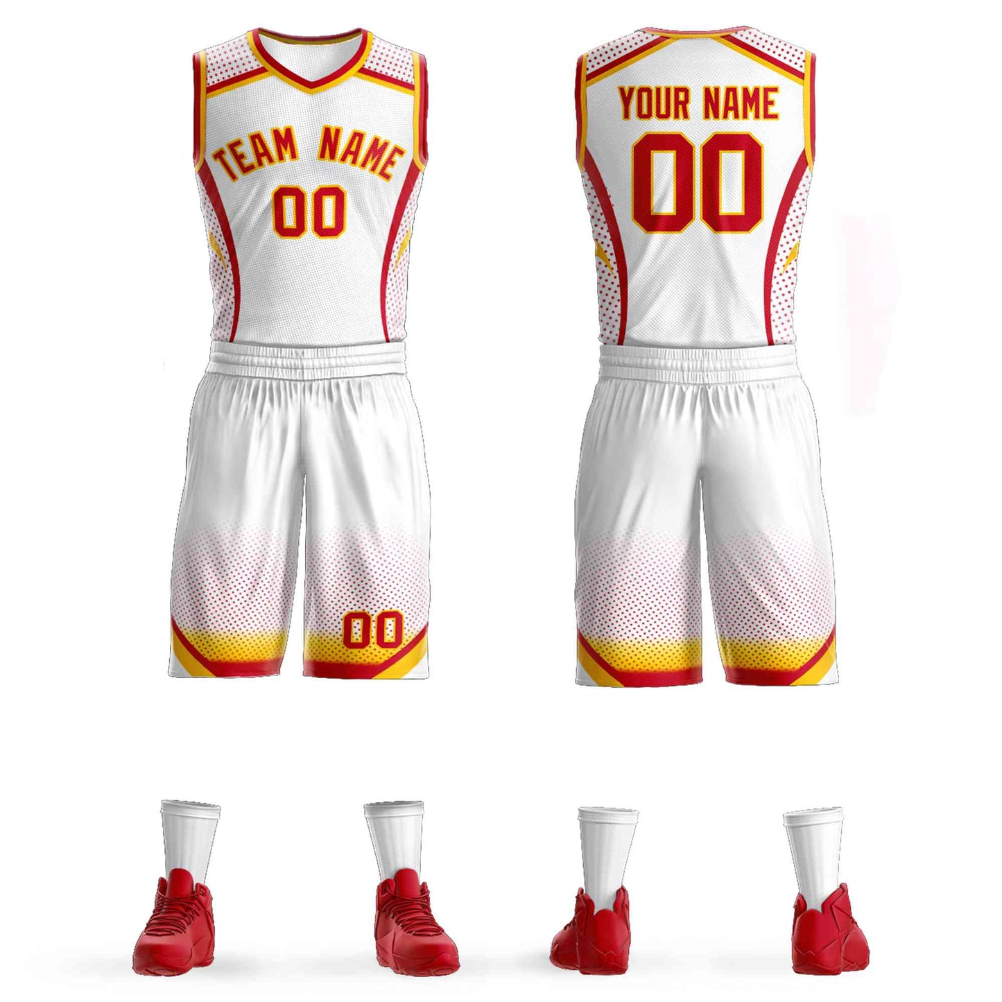 Custom White Red-Gold Graffiti Pattern Sets Points Element Basketball Jersey