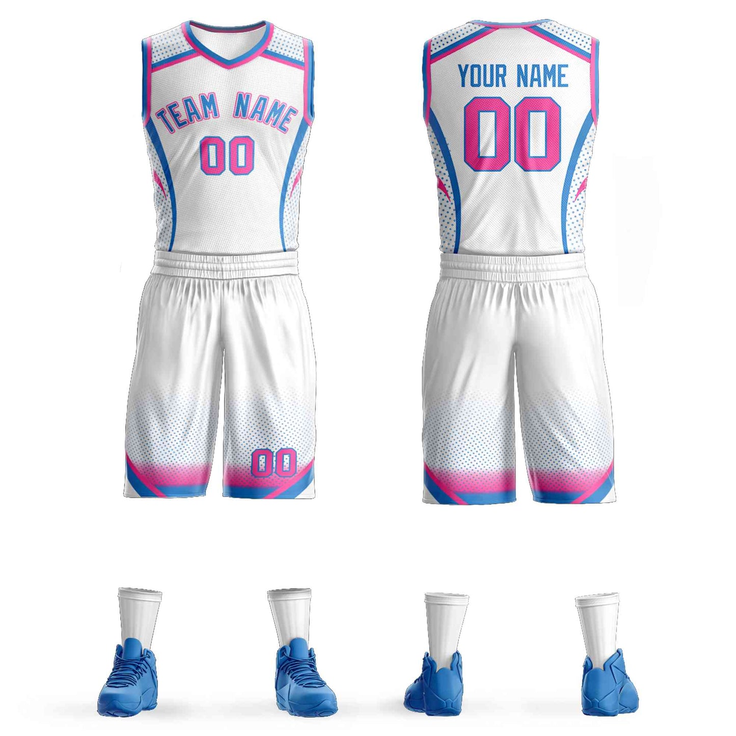 Custom White Pink-Light Blue Graffiti Pattern Sets Points Element Basketball Jersey