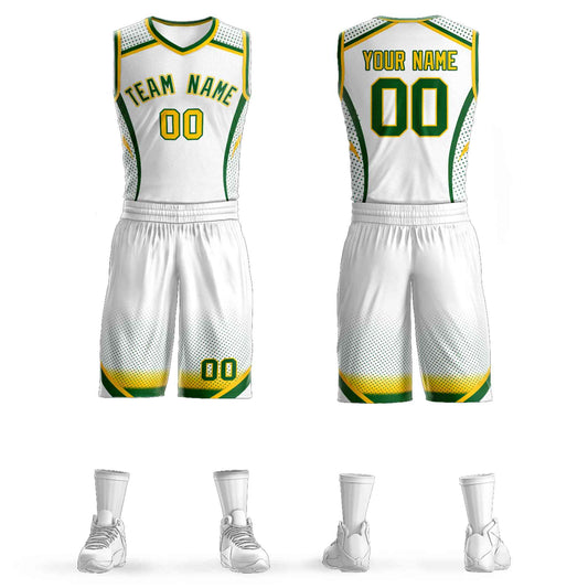 Custom White Kelly Green-White Graffiti Pattern Sets Points Element Basketball Jersey