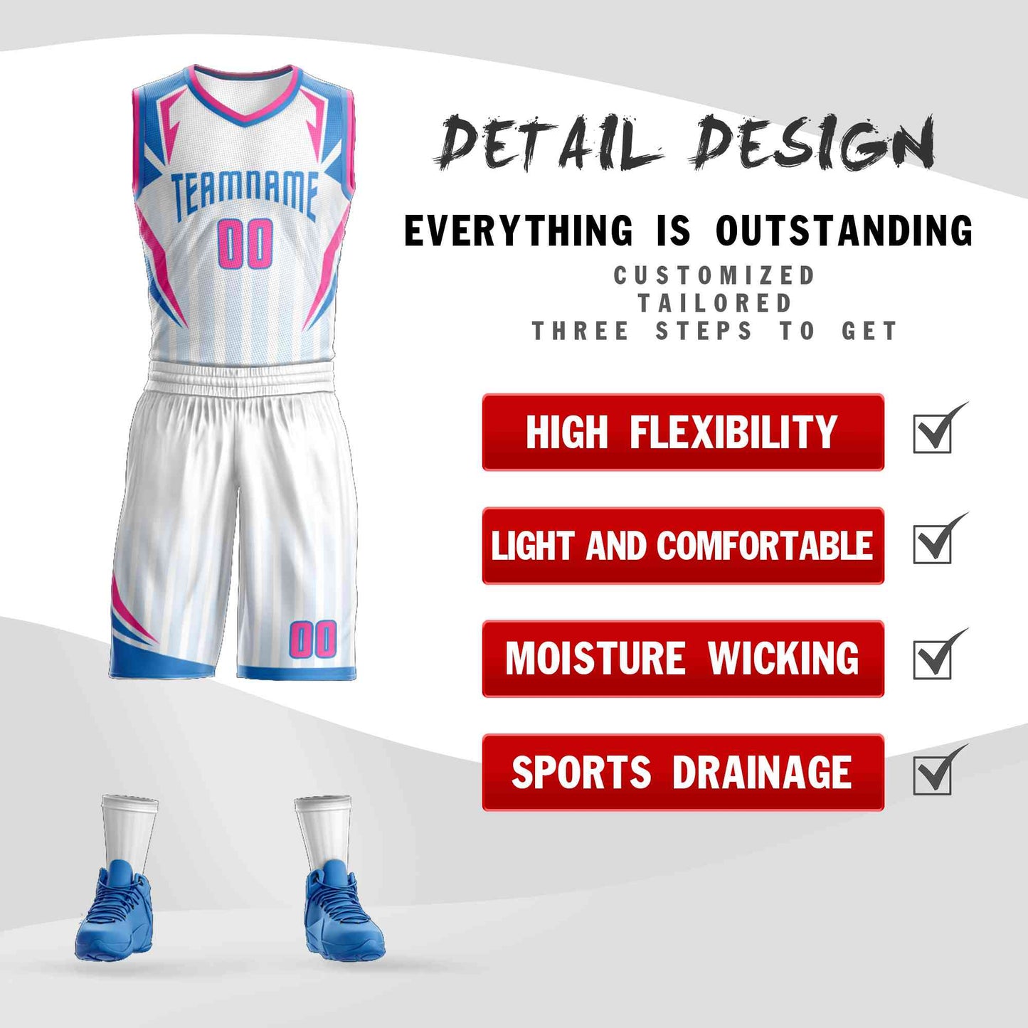 Custom White Powder Blue Graffiti Pattern Sets Angular Element Basketball Jersey