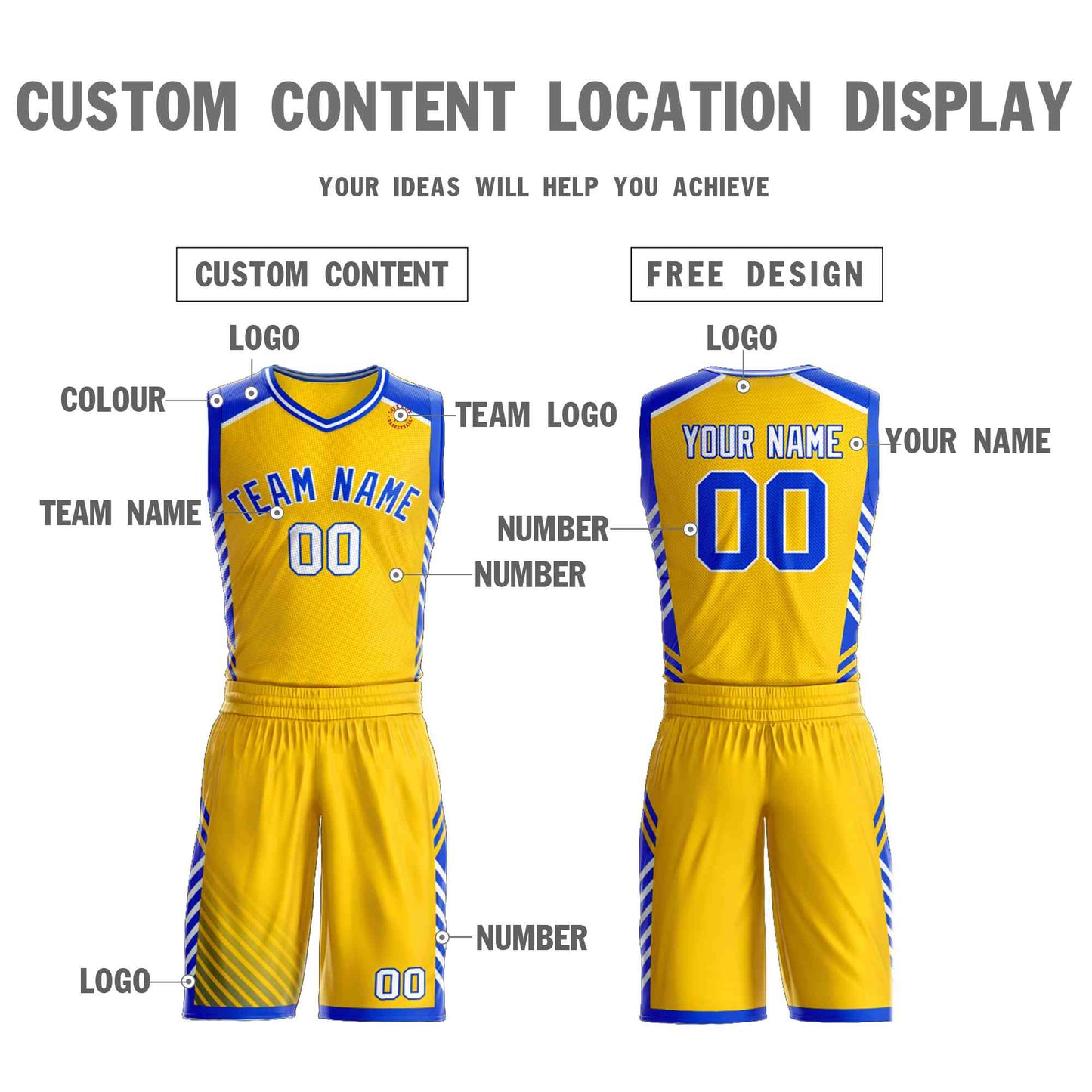 Custom Gold Royal-White Graffiti Pattern Sets Bar Element Basketball Jersey