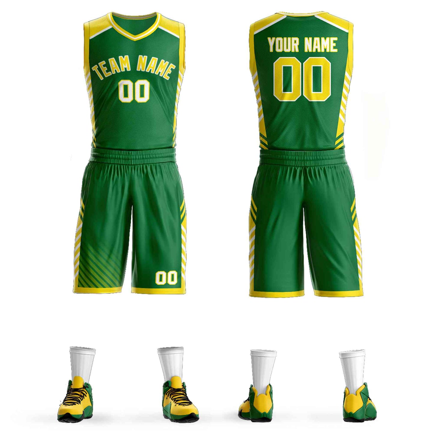 Custom Kelly Green Gold-White Graffiti Pattern Sets Bar Element Basketball Jersey