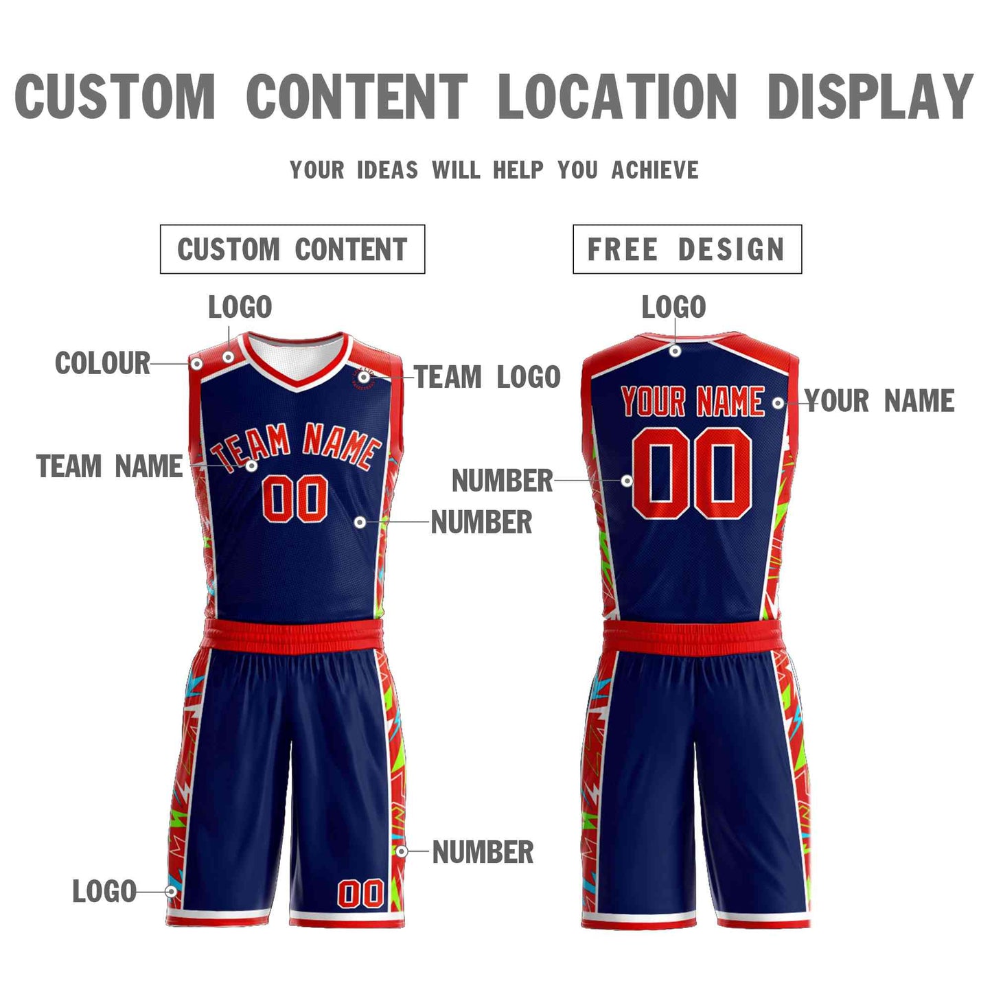 Custom Navy Red-White Graffiti Pattern Sets Lightning Basketball Jersey