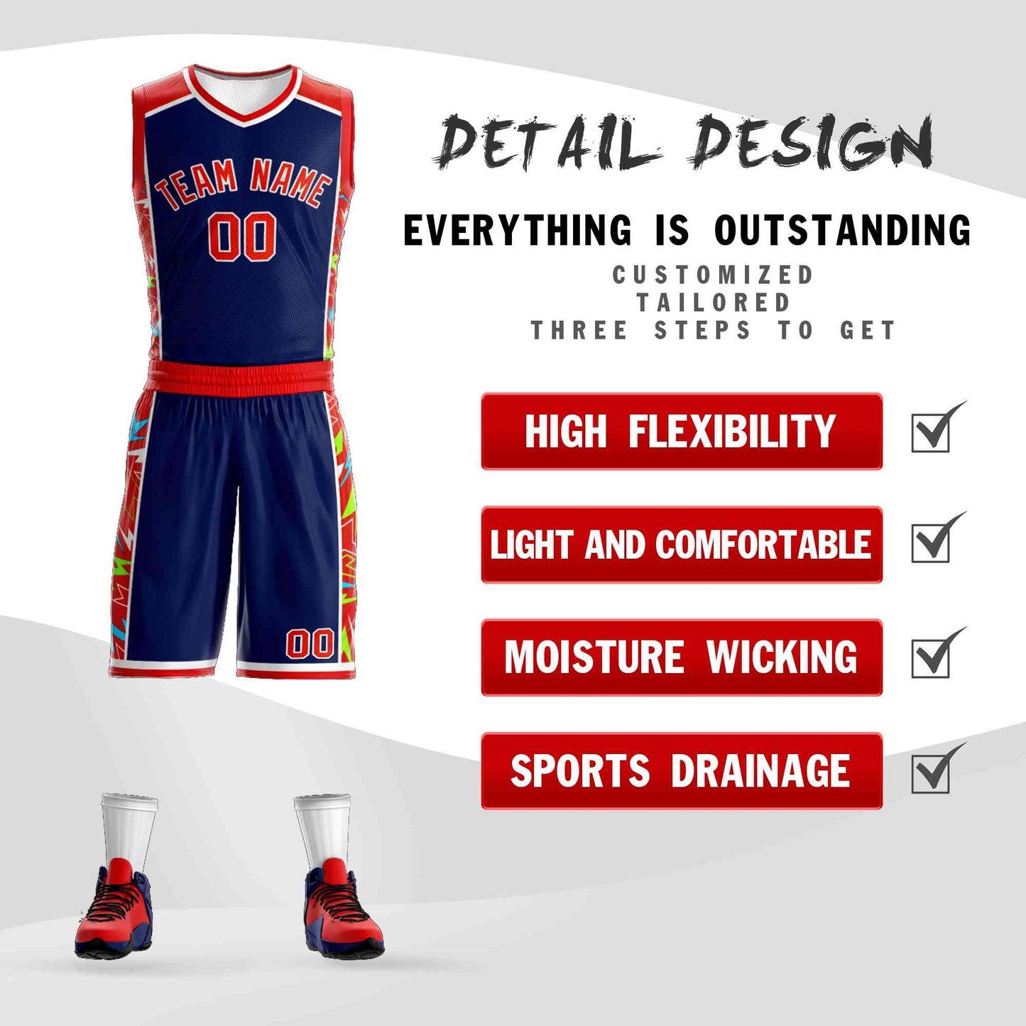 Custom Navy Red-White Graffiti Pattern Sets Lightning Basketball Jersey