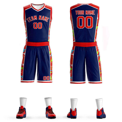 Custom Navy Red-White Graffiti Pattern Sets Lightning Basketball Jersey