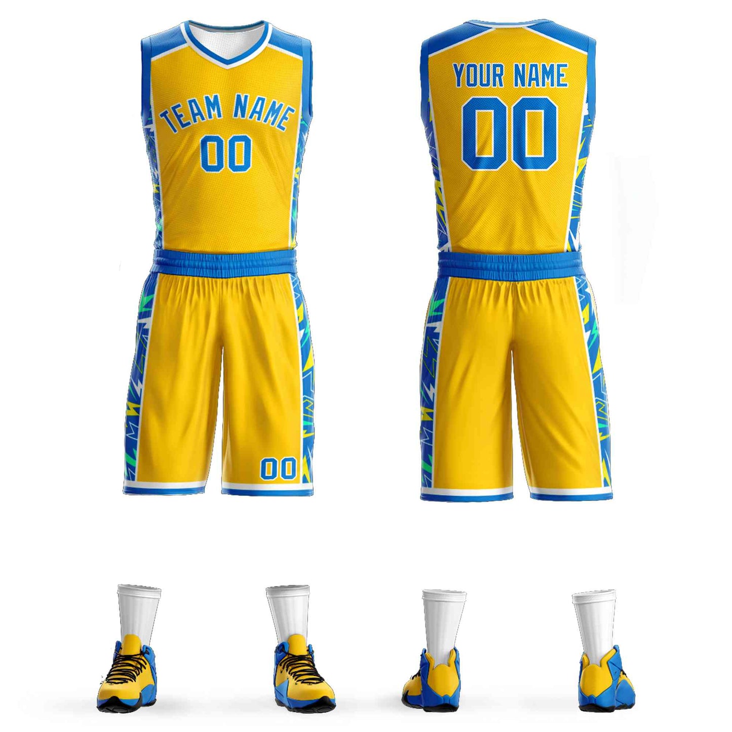 Custom Yellow Royal-White Graffiti Pattern Sets Lightning Basketball Jersey