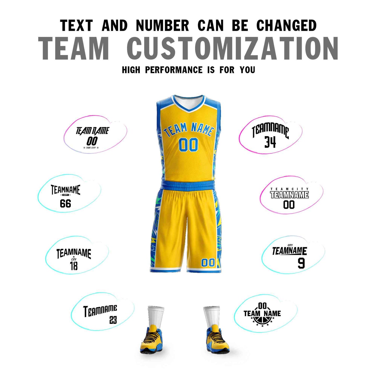 Custom Yellow Royal-White Graffiti Pattern Sets Lightning Basketball Jersey