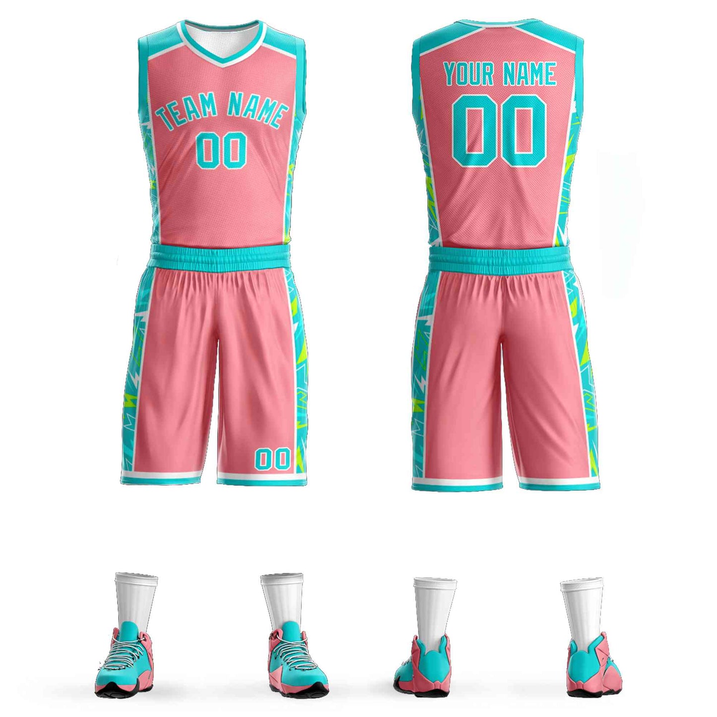 Custom Pink Aqua-White Graffiti Pattern Sets Lightning Basketball Jersey