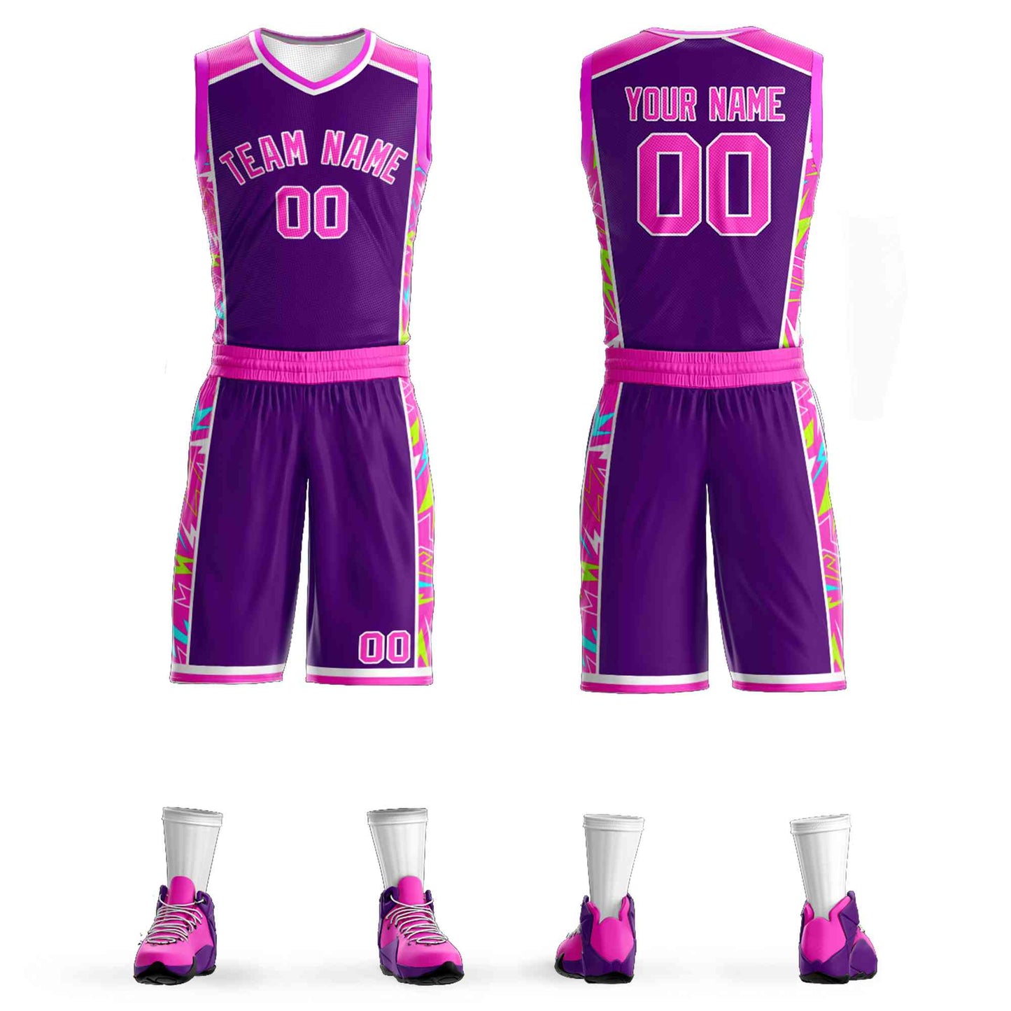 Custom Navy Pink-White Graffiti Pattern Sets Lightning Basketball Jersey