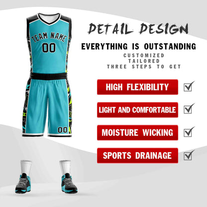 Custom Teal Black-White Graffiti Pattern Sets Lightning Basketball Jersey