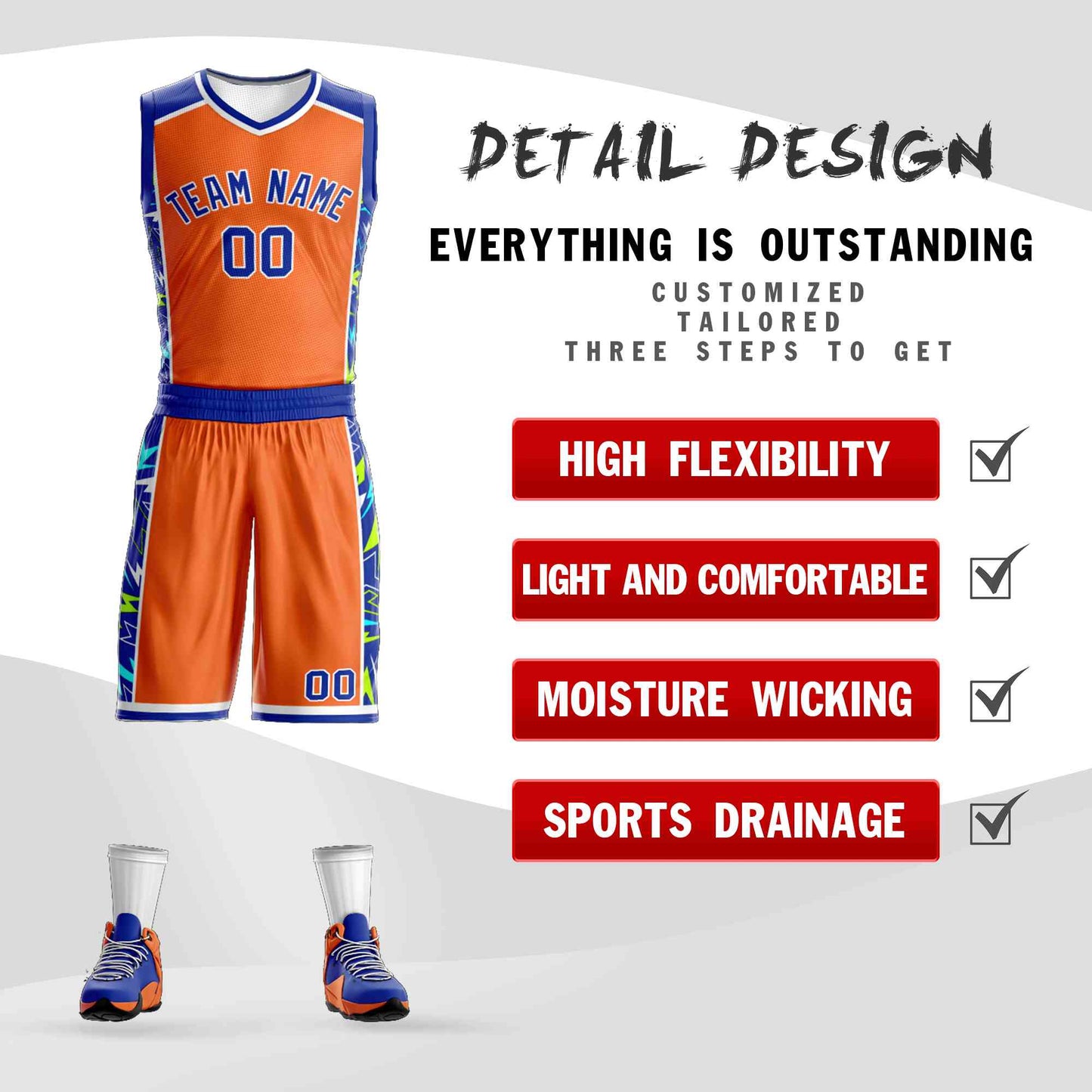 Custom Orange Royal-White Graffiti Pattern Sets Lightning Basketball Jersey