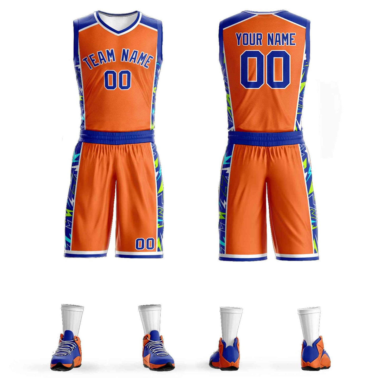 Custom Orange Royal-White Graffiti Pattern Sets Lightning Basketball Jersey