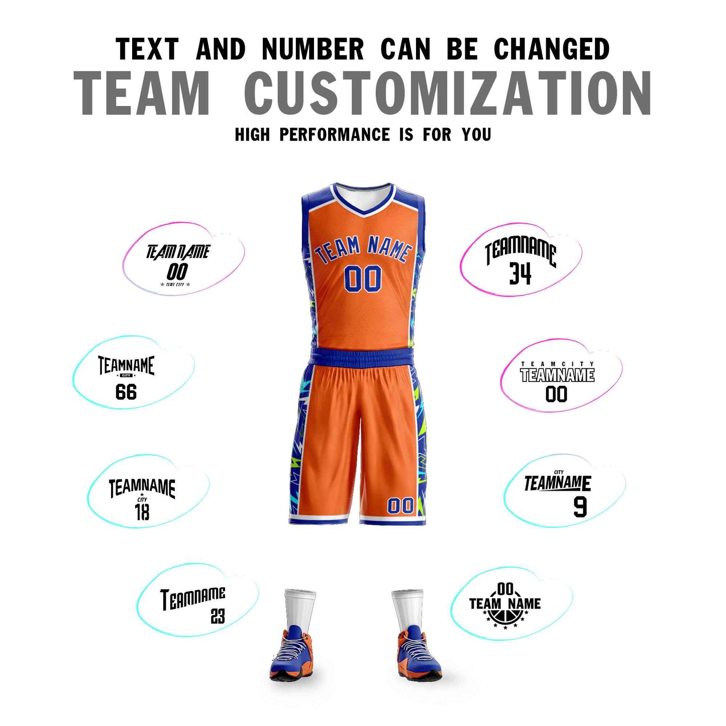 Custom Orange Royal-White Graffiti Pattern Sets Lightning Basketball Jersey