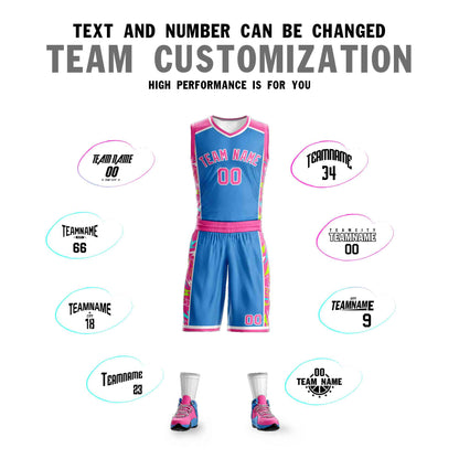 Custom Powder Blue Pink-White Graffiti Pattern Sets Lightning Basketball Jersey