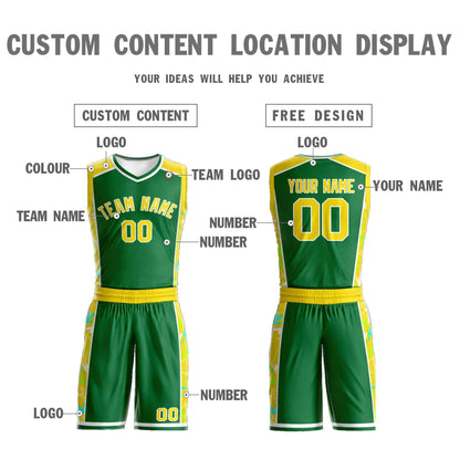 Custom Kelly Green Gold-White Graffiti Pattern Sets Lightning Basketball Jersey