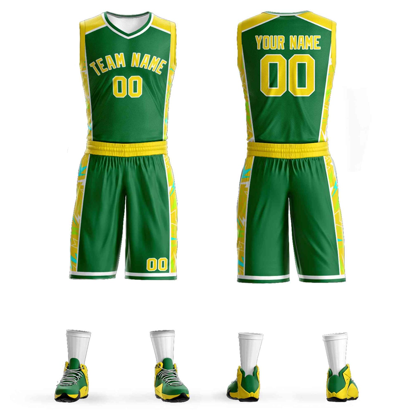 Custom Kelly Green Gold-White Graffiti Pattern Sets Lightning Basketball Jersey