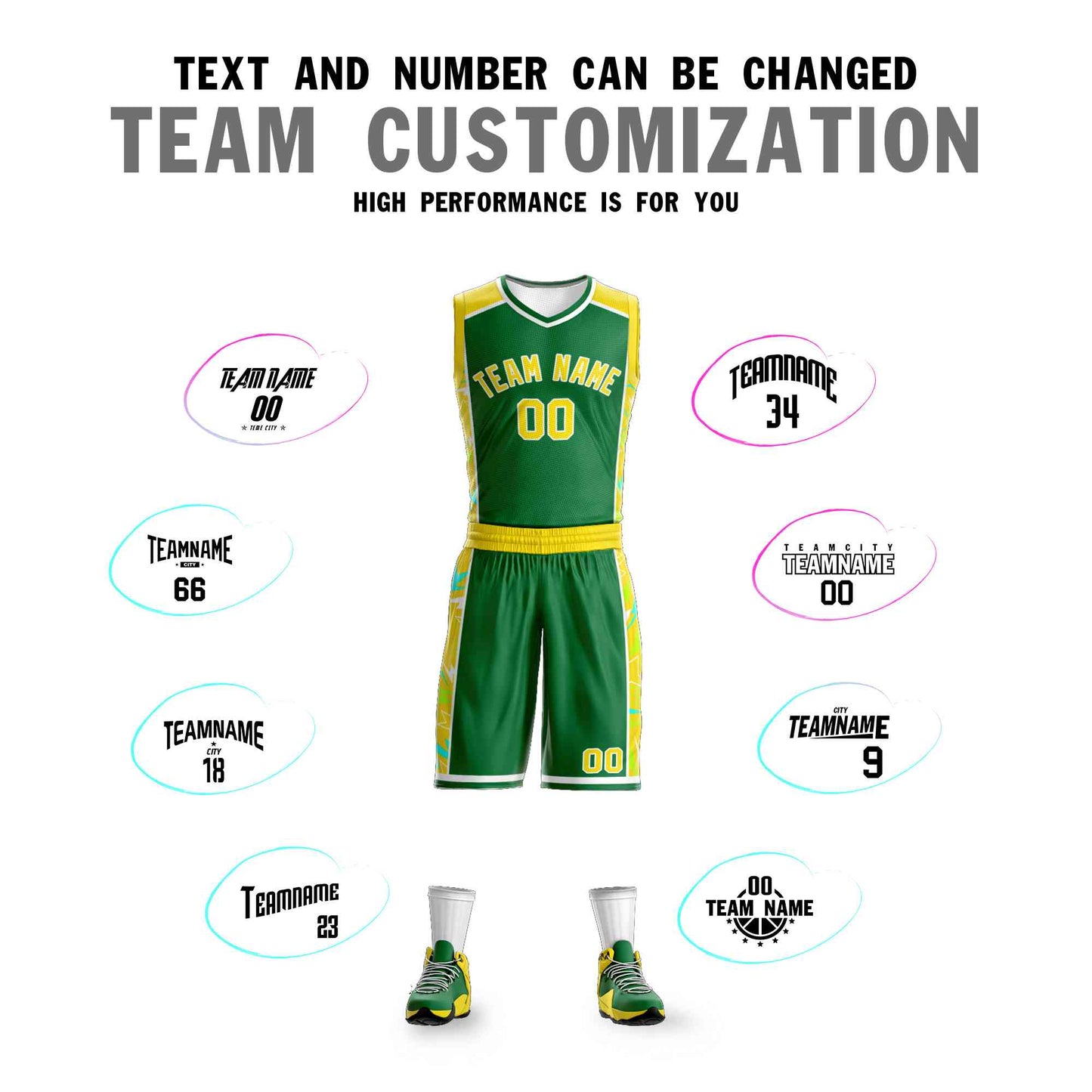 Custom Kelly Green Gold-White Graffiti Pattern Sets Lightning Basketball Jersey