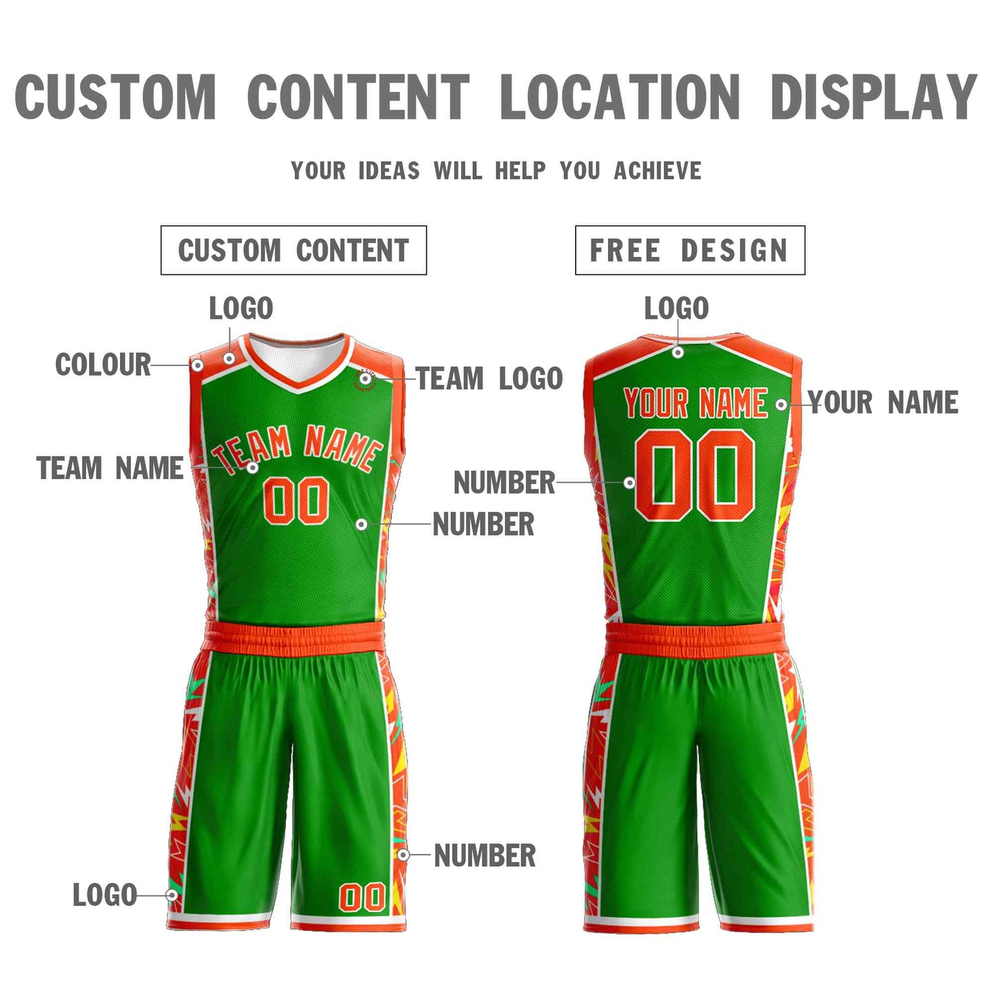 Custom Green Orange-White Graffiti Pattern Sets Lightning Basketball Jersey