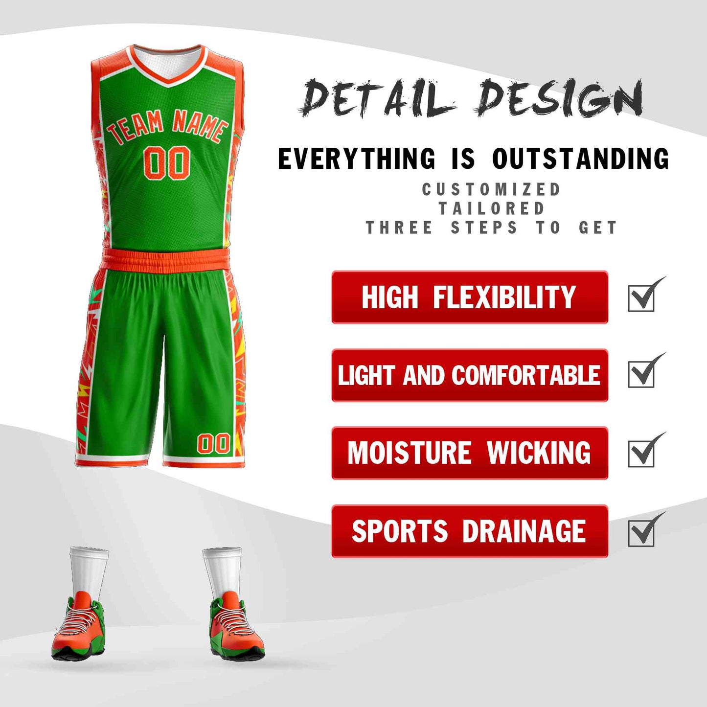 Custom Green Orange-White Graffiti Pattern Sets Lightning Basketball Jersey