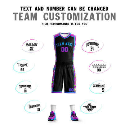 Custom Black Powder Blue Graffiti Pattern Sets Lightning Basketball Jersey