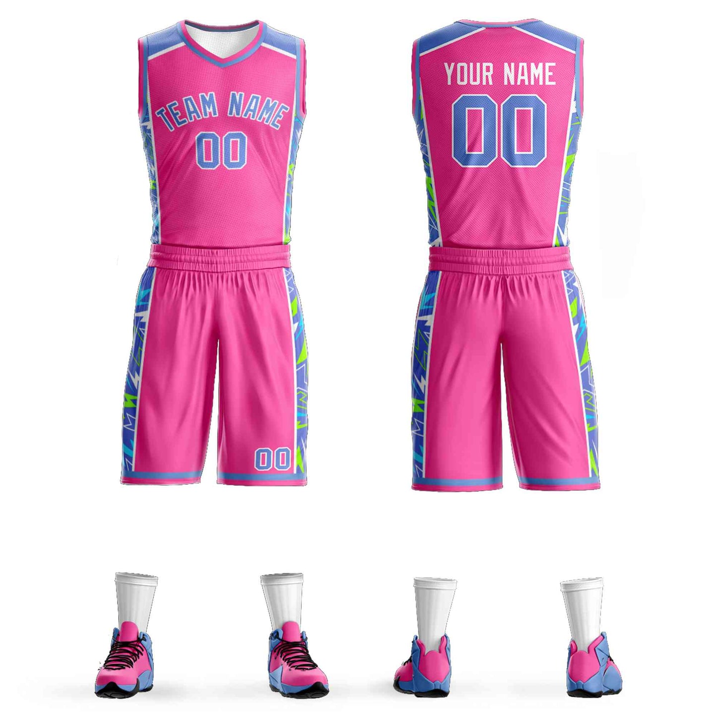 Custom Pink Powder Blue-White Graffiti Pattern Sets Lightning Basketball Jersey