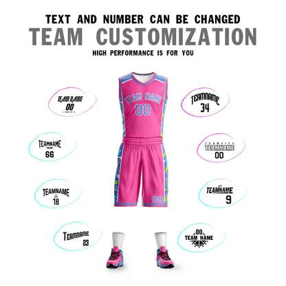 Custom Pink Powder Blue-White Graffiti Pattern Sets Lightning Basketball Jersey