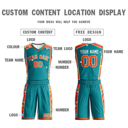 Custom Teal Orange-White Graffiti Pattern Sets Lightning Basketball Jersey