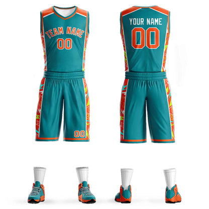 Custom Teal Orange-White Graffiti Pattern Sets Lightning Basketball Jersey