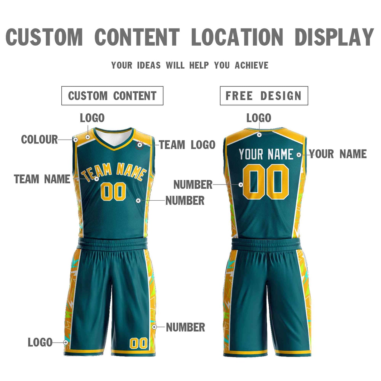 Custom Aqua Gold-White Graffiti Pattern Sets Lightning Basketball Jersey