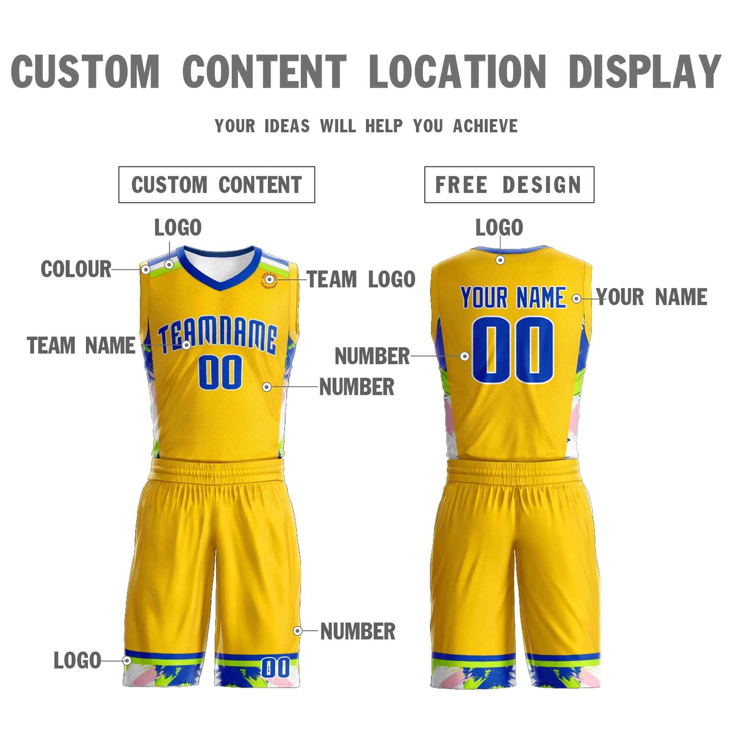 Custom Gold Royal-White Graffiti Pattern Sets Basketball Jersey