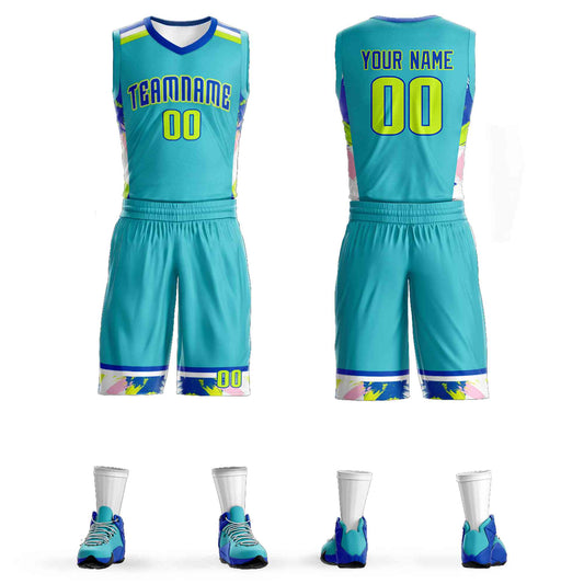 Custom Teal Royal-White Graffiti Pattern Sets Basketball Jersey