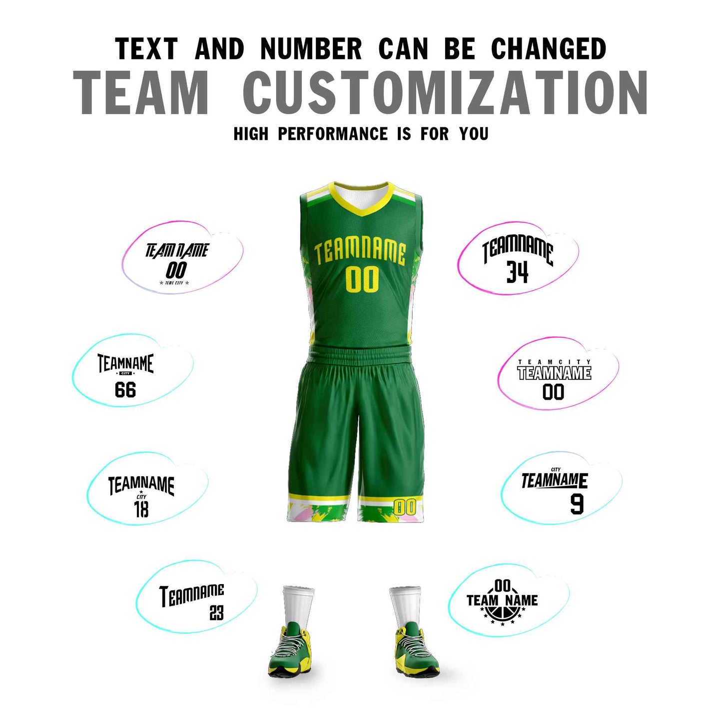 Custom Kelly Green Gold Graffiti Pattern Sets Basketball Jersey