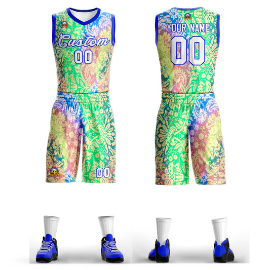 Custom Green White-Royal Graffiti Pattern Sets Mesh Basketball Jersey