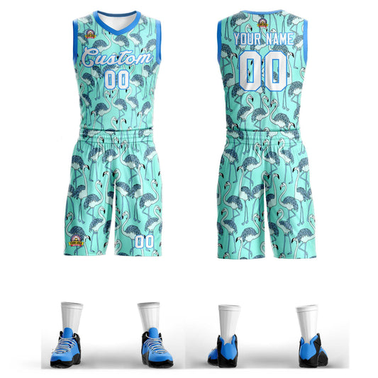 Custom Green White-Powder Blue Graffiti Pattern Sets Mesh Basketball Jersey